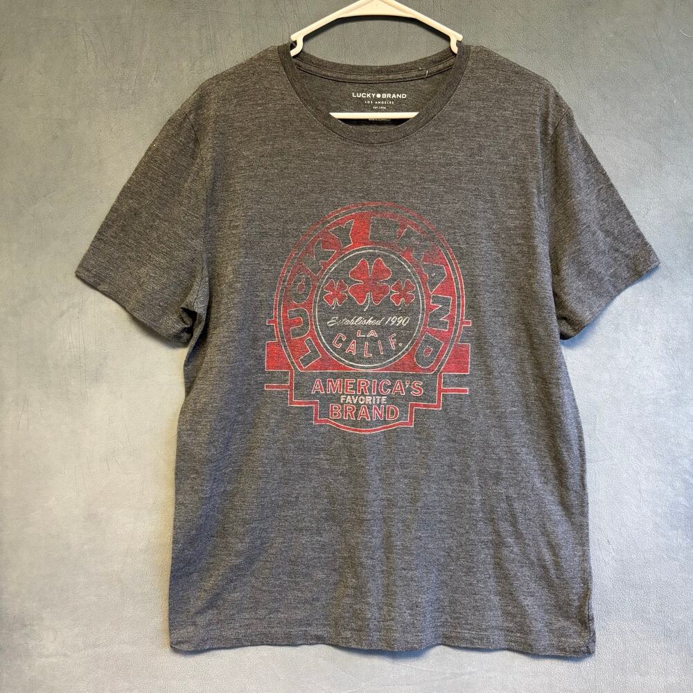 Lucky Brand Men’s Large Gray Graphic T-Shirt Retro Logo Shamrock Tee